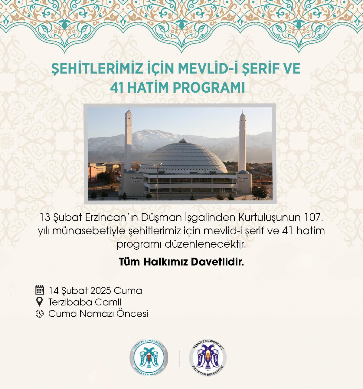 ŞEHİTLERİMİZ İÇİN MEVLİD-İ ŞERİF VE 41 HATİM PROGRAMINA TÜM HALKIMIZ DAVETLİDİR.